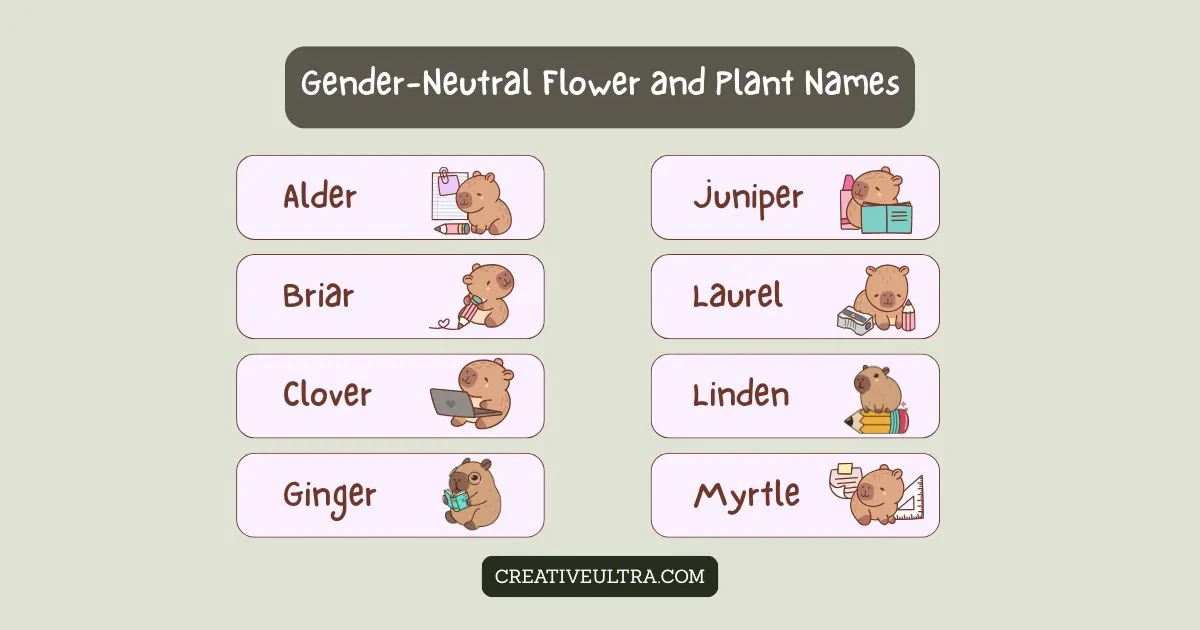 Illustrated image listing gender-neutral flower and plant names like Alder, Briar, and Juniper. Each name is accompanied by a cute bear with books and stationery, set on a soft green background.
