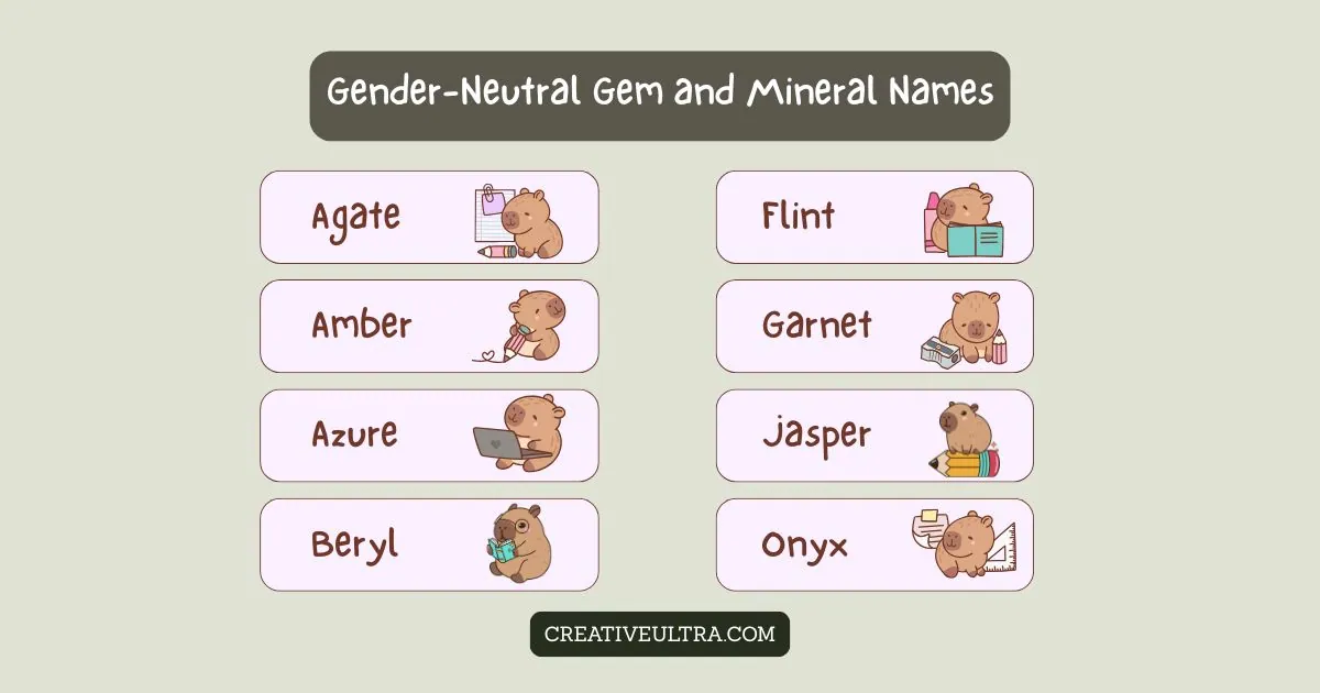 Illustrated list titled "Gender-Neutral Gem and Mineral Names" featuring cartoon animals next to names: Agate, Amber, Azure, Beryl, Flint, Garnet, Jasper, and Onyx. Calm tone.
