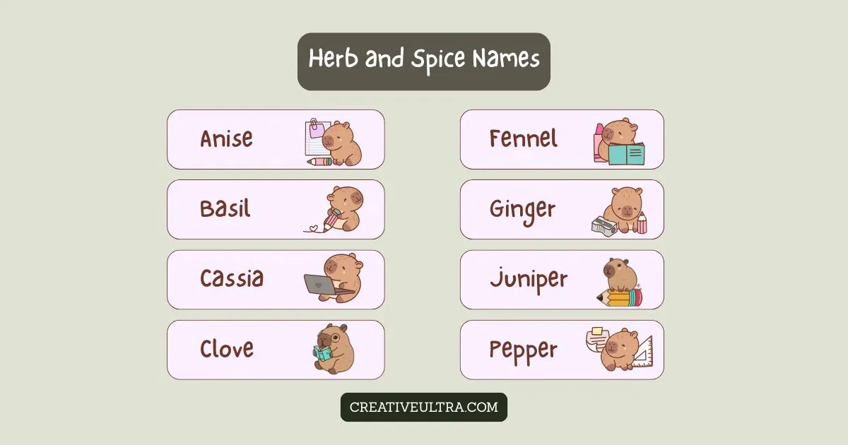 Cute cartoon animals with school supplies illustrate herb and spice names like Anise, Fennel, and Ginger on a soft green background. Playful tone.