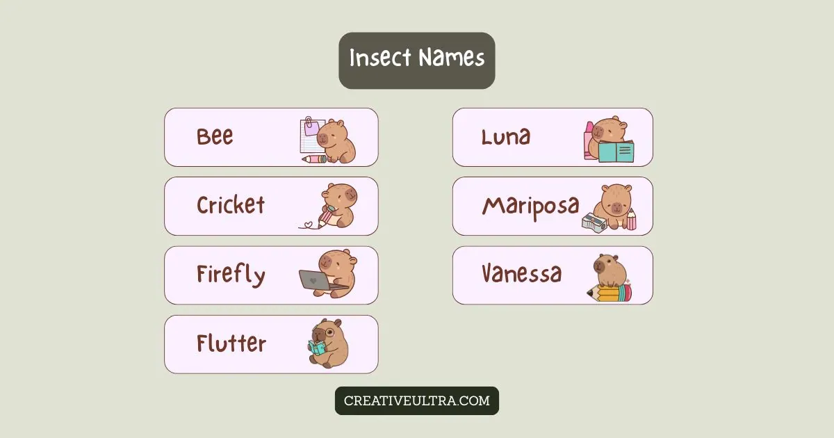 Cute cartoon bears with books illustrate names like Bee, Cricket, and Luna on a soft green background titled "Insect Names." Whimsical and educational.