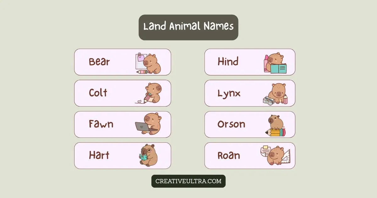Illustration titled "Land Animal Names" showing cute cartoon bears studying with books and stationery. Names include Bear, Colt, Fawn, Hart, Hind, Lynx, Orson, and Roan.
