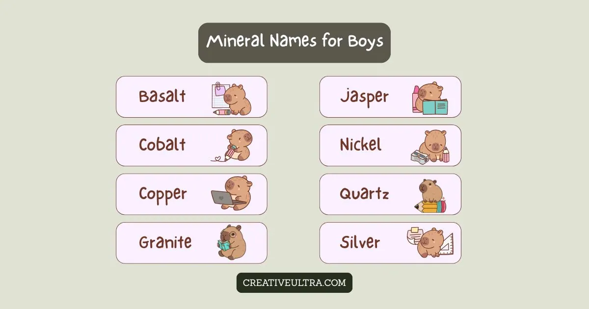 Cute bears with books and stationery illustrate mineral-themed boy names: Basalt, Jasper, Cobalt, Nickel, Copper, Quartz, Granite, Silver.