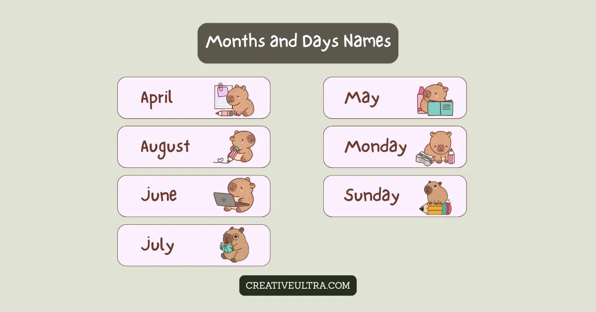 Cute illustrations of bears with books and planners next to the names April, May, August, Monday, June, Sunday, and July, set on a soft green background.
