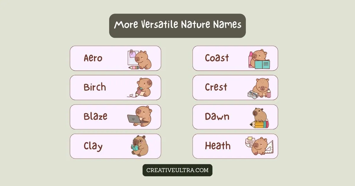 Cute cartoon animals with books and gadgets illustrate nature-inspired baby names like Aero and Dawn. Playful and educational tone.