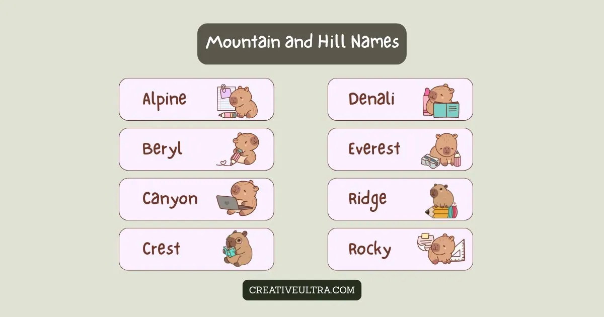 Illustration titled "Mountain and Hill Names" with cute bears doing various activities. Names include Alpine, Denali, and Everest. Soft, playful tone.