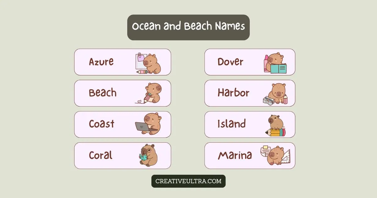 Cute bear cartoon drawings next to words: Azure, Beach, Coast, Coral, Dover, Harbor, Island, Marina. The theme is ocean and beach names.