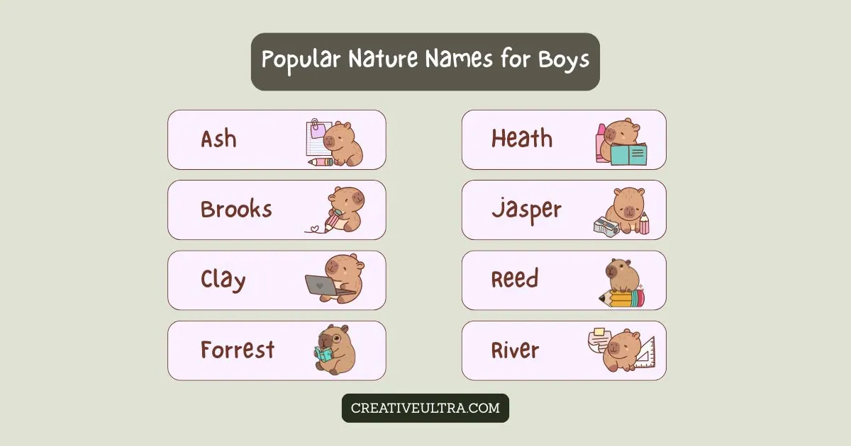 "A green background with the title 'Popular Nature Names for Boys.' Illustrated bears accompany names: Ash, Heath, Brooks, Jasper, Clay, Reed, Forrest, and River. Each bear holds different items like books, laptop, or music notes, adding a playful, educational tone."