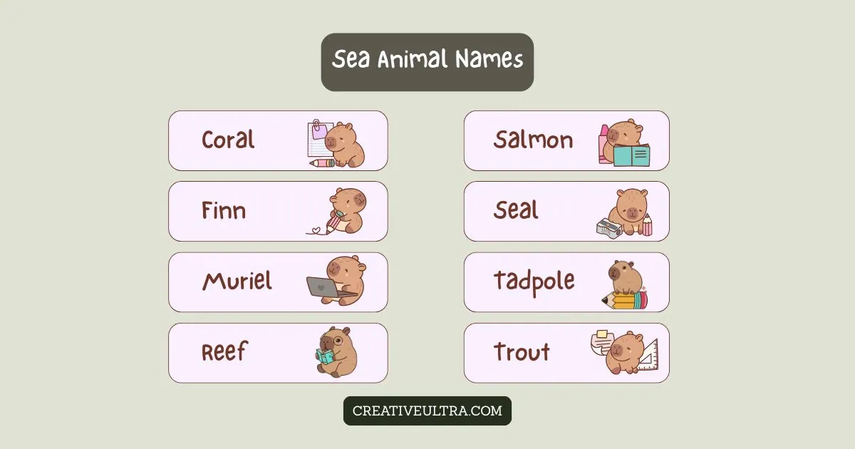 Illustrated list titled "Sea Animal Names" with adorable bear drawings next to each name: Coral, Finn, Muriel, Reef, Salmon, Seal, Tadpole, Trout. Playful tone.