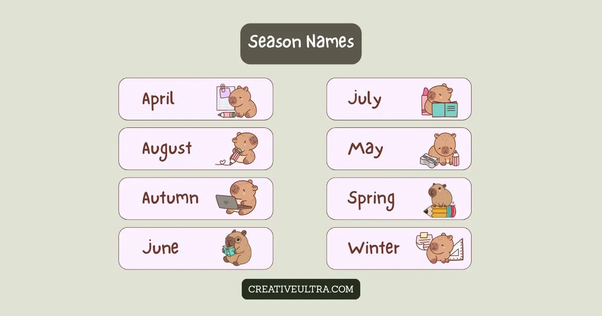 Cute bears performing activities beside month and season names on a pastel green background. Each element conveys a playful and educational tone.