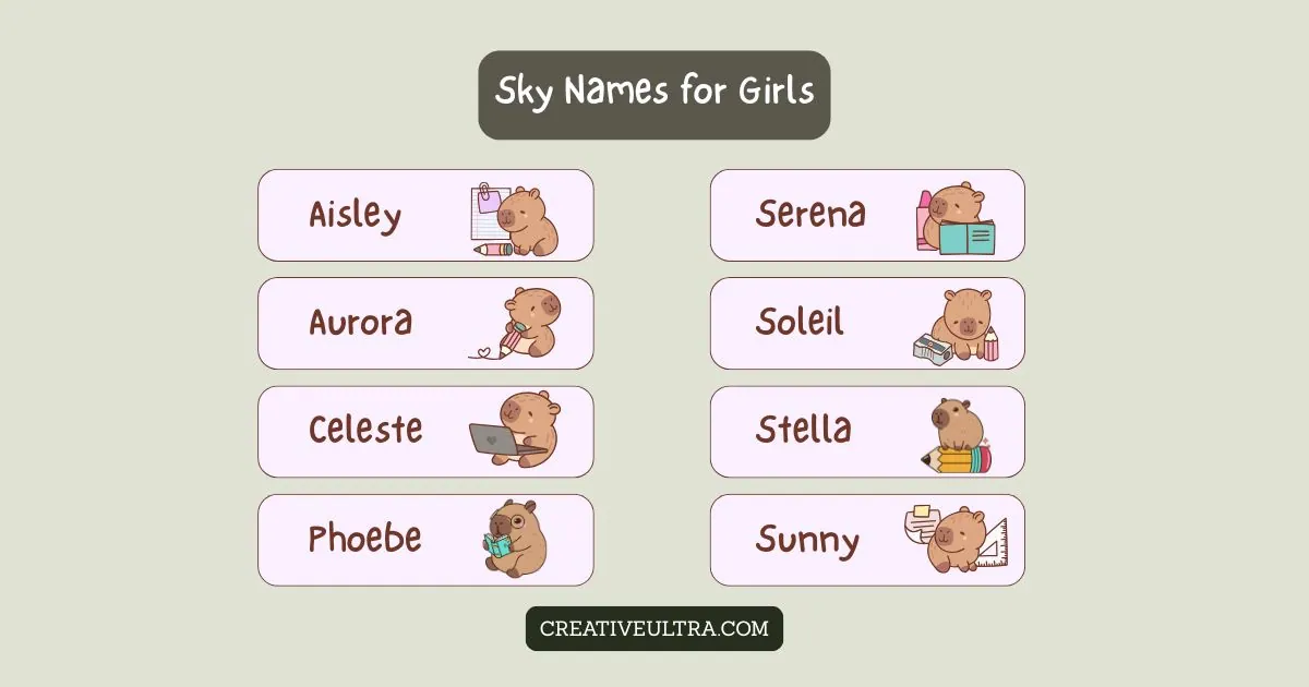 Chart titled "Sky Names for Girls" with cute bears and books beside names: Aisley, Aurora, Celeste, Phoebe, Serena, Soleil, Stella, Sunny. Calm tone.