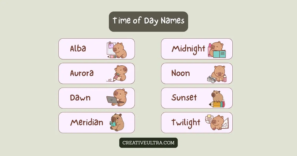 "Grid of cartoon animals representing time of day names: Alba, Aurora, Dawn, Meridian, Midnight, Noon, Sunset, Twilight. Each animal has related props, like books and pencils, against a pastel background. Tone is playful and educational."