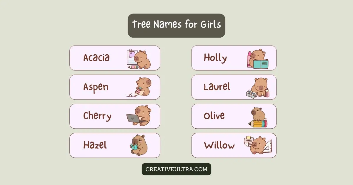 Image of "Tree Names for Girls" featuring cute cartoon bears alongside names like Acacia, Aspen, Cherry. Each bear holds an object, adding charm.