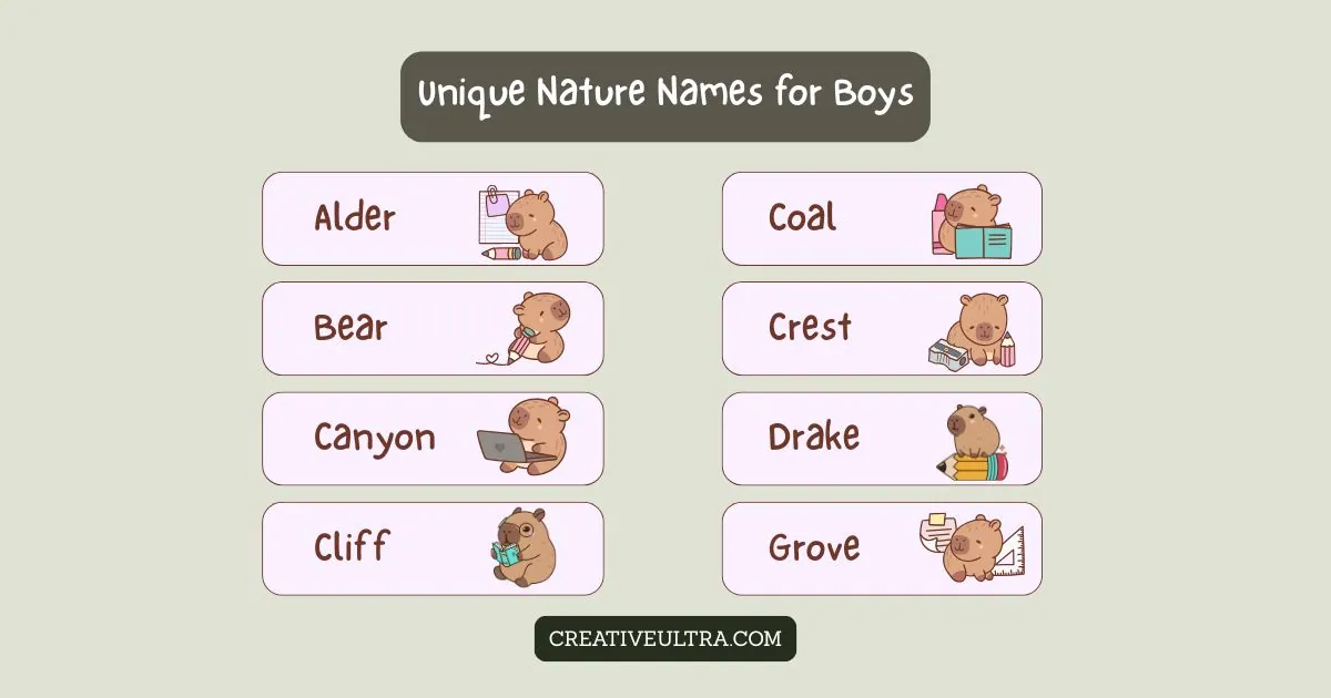 Graphic titled "Unique Nature Names for Boys." Features cute bears with items next to names like Alder, Coal, Bear, Crest, Canyon, Drake, Cliff, and Grove.