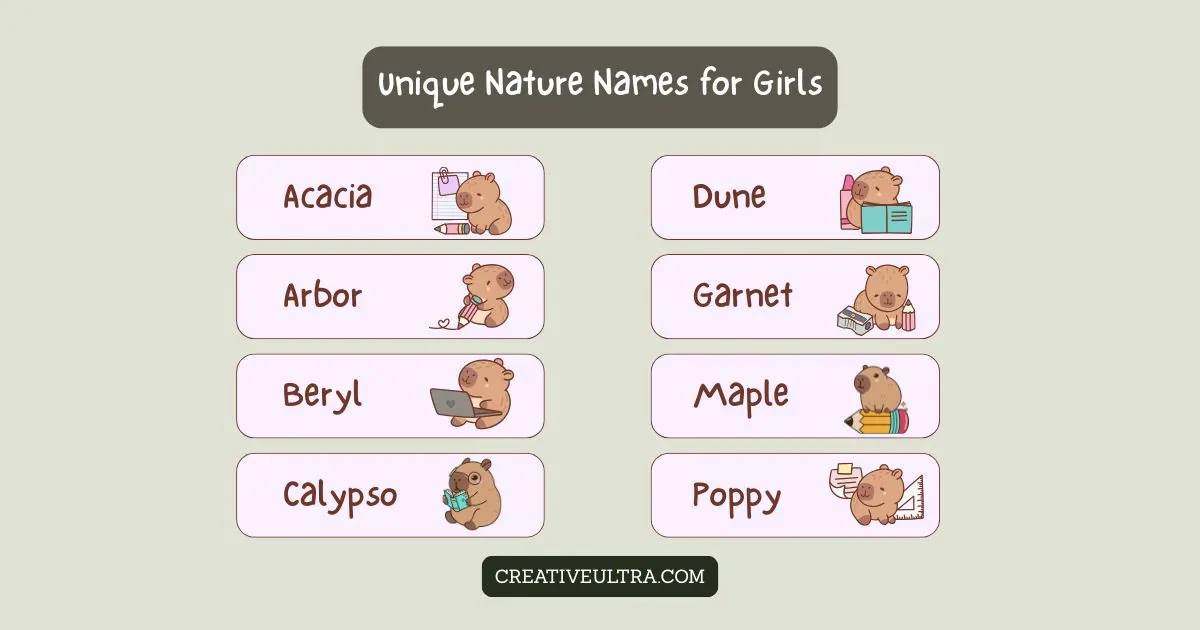 Illustration of "Unique Nature Names for Girls" with cartoon bears and themed items beside names like Acacia, Dune, Maple, and Poppy on a soft background.