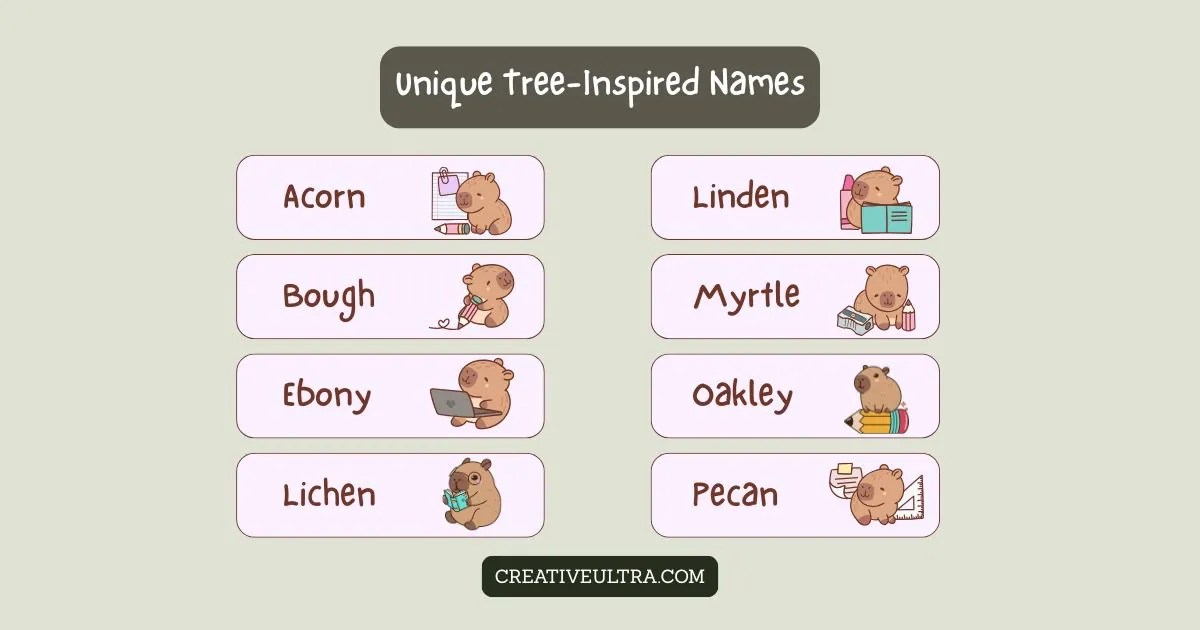 Cute animals with books illustrate tree-inspired names: Acorn, Linden, Bough, Myrtle, Ebony, Oakley, Lichen, and Pecan. Soft colors evoke a playful tone.