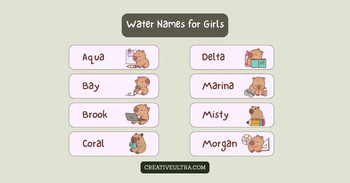 "Graphic titled 'Water Names for Girls' with a green background. Features eight names: Aqua, Bay, Brook, Coral, Delta, Marina, Misty, Morgan. Each name is paired with a cute bear illustration engaged in different activities, like writing or reading. Whimsical and playful tone. Website: creativeultra.com."