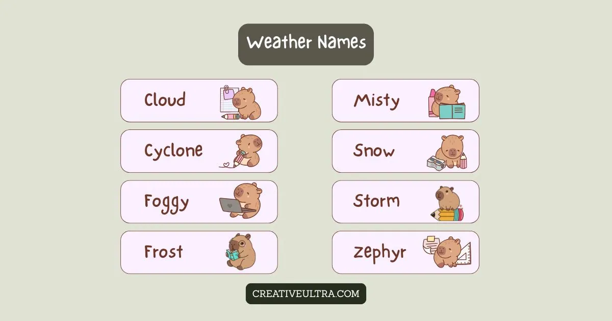 Cute cartoon animal characters represent weather names like Cloud, Misty, and Storm, each holding related objects. Soft colors create a playful tone.
