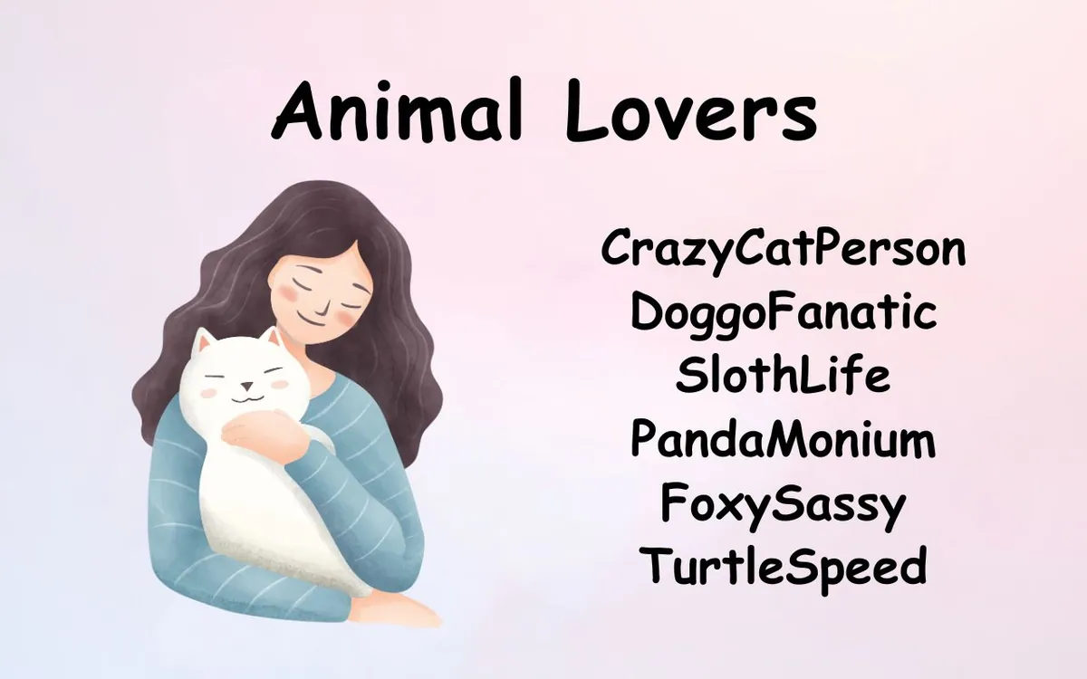 Illustration of a smiling woman hugging a white cat on a pastel background. Text reads "Animal Lovers" with playful usernames like "CrazyCatPerson."