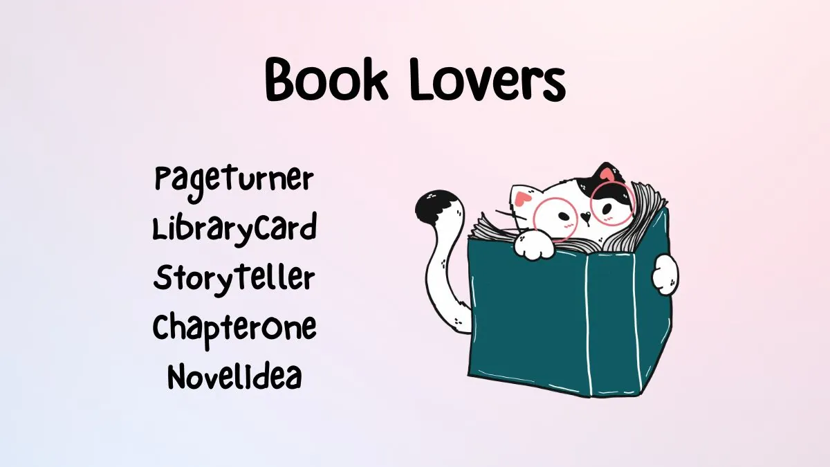 Cute image for book lovers, featuring a cartoon cat in glasses peeking from a large book. Words like "PageTurner" and "LibraryCard" are listed.