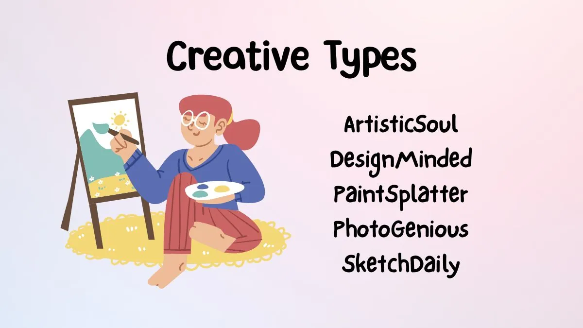 Illustration of a person painting a sunny landscape. Text reads "Creative Types" alongside names: ArtisticSoul, DesignMinded, PaintSplatter, PhotoGenious, SketchDaily.