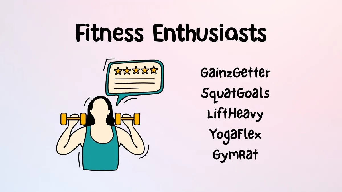 Illustration titled "Fitness Enthusiasts" shows a person lifting dumbbells with a speech bubble featuring five stars. Words like "GainzGetter" and "SquatGoals" are listed.