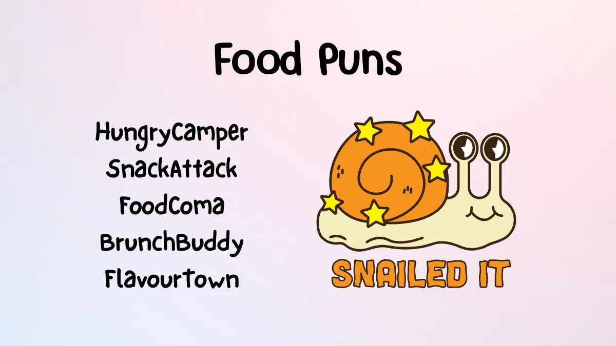 A cartoon snail with stars on its shell smiles next to the pun "Snailed It." On the left, playful food-themed usernames: HungryCamper, SnackAttack, FoodComa, BrunchBuddy, Flavourtown.