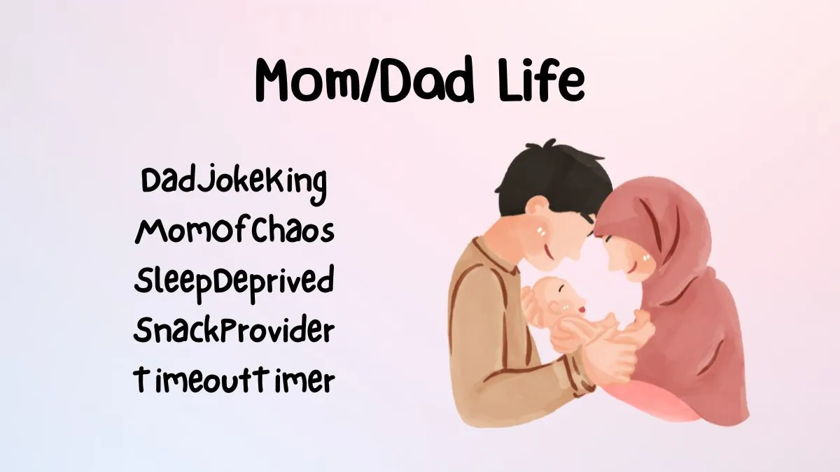 Illustration of a joyful couple holding a baby, with text "Mom/Dad Life." Words like "DadJokeKing" and "SleepDeprived" humorously describe parenting.