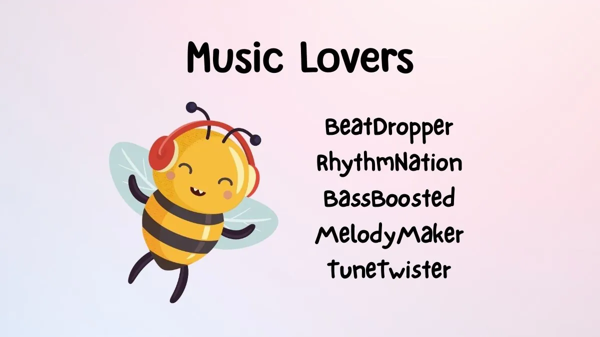 Cute cartoon bee wearing red headphones dancing joyfully on a pink gradient background. "Music Lovers" and five music-related names are listed.