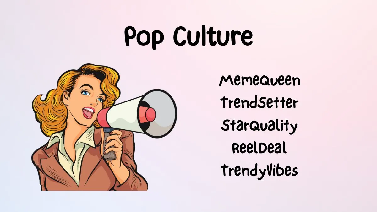 Retro-style woman with megaphone announces "Pop Culture" and words like "MemeQueen" and "TrendSetter" on a pastel background, conveying excitement.