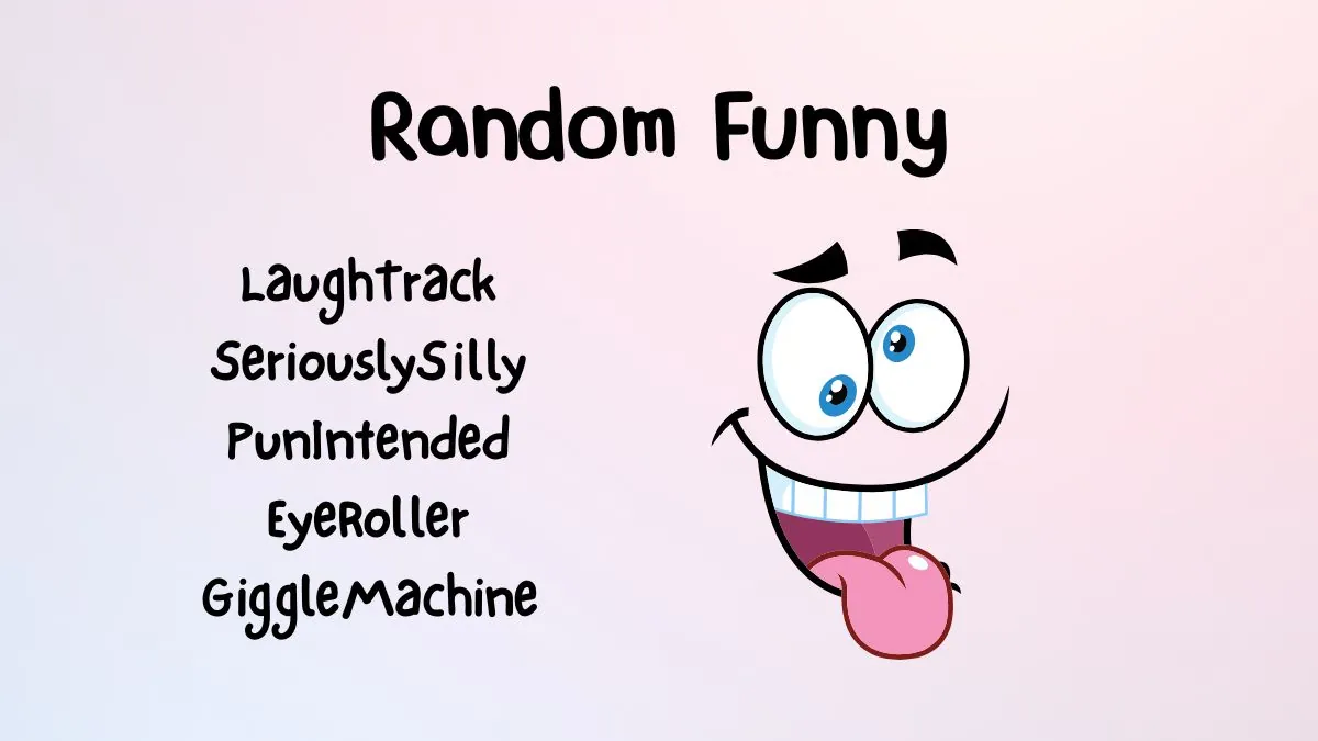 A cartoon face with a big smile, wide eyes, and tongue out. Text above reads "Random Funny" with words like "LaughTrack" and "GiggleMachine" beside it.