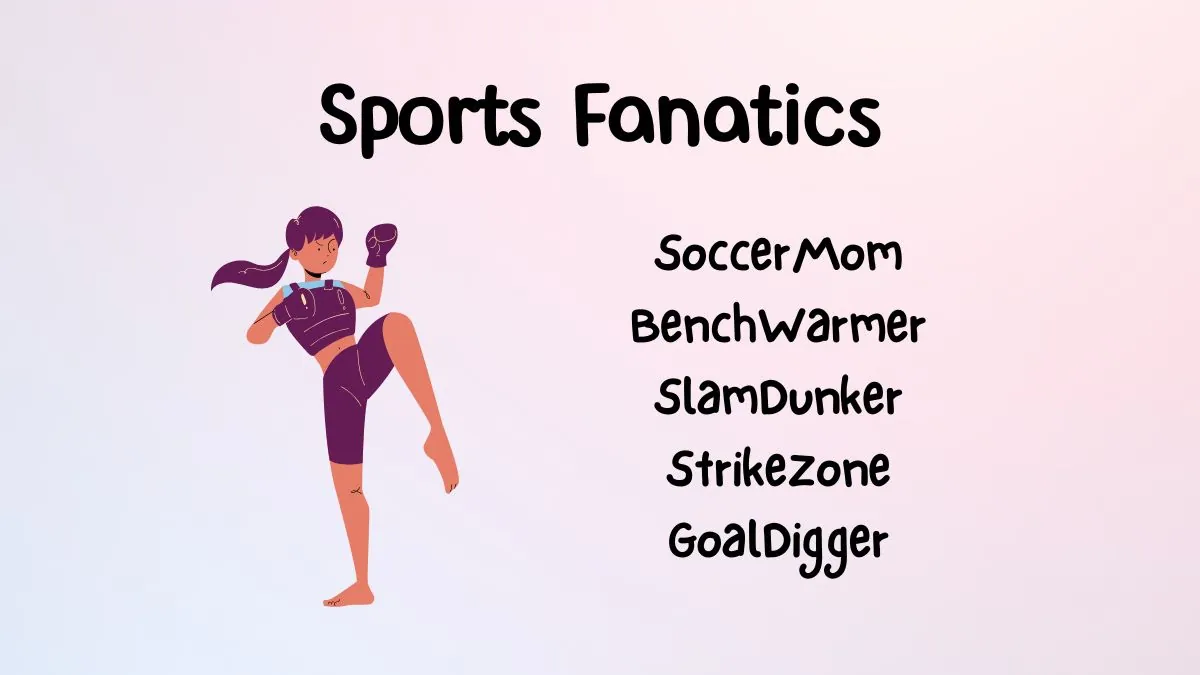 Illustration of a woman kickboxing with the title "Sports Fanatics." Phrases like "SoccerMom" and "GoalDigger" are listed on a light background.