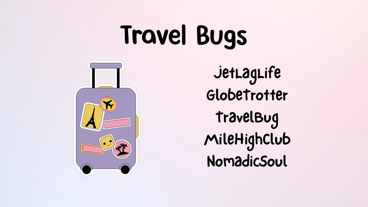 Purple suitcase with travel stickers including the Eiffel Tower and palm trees, alongside text: "Travel Bugs" and travel-related phrases. Fun, adventurous tone.