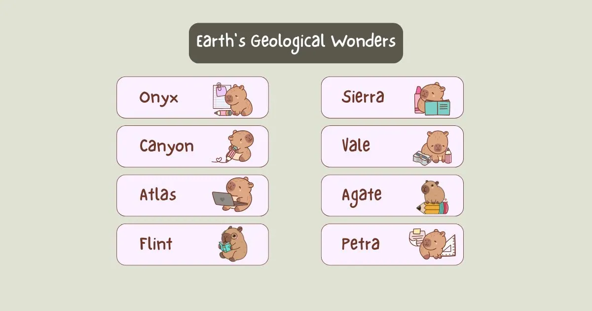 Cartoon animals beside names like Onyx and Sierra, under "Earth's Geological Wonders." Each animal has a book or related item, creating an educational theme.