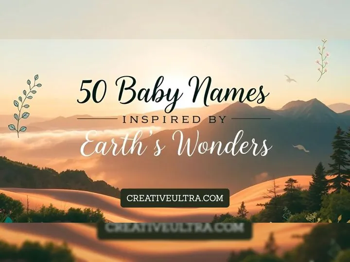 Serene landscape of mountains and trees at sunrise, with text "50 Baby Names Inspired by Earth's Wonders" overlaying the scene. Calm and inspirational.