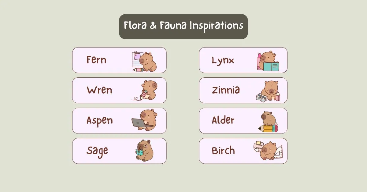 Cute bears engage in reading and writing activities beside flora and fauna names like Fern, Lynx, and Sage on a playful pastel background.