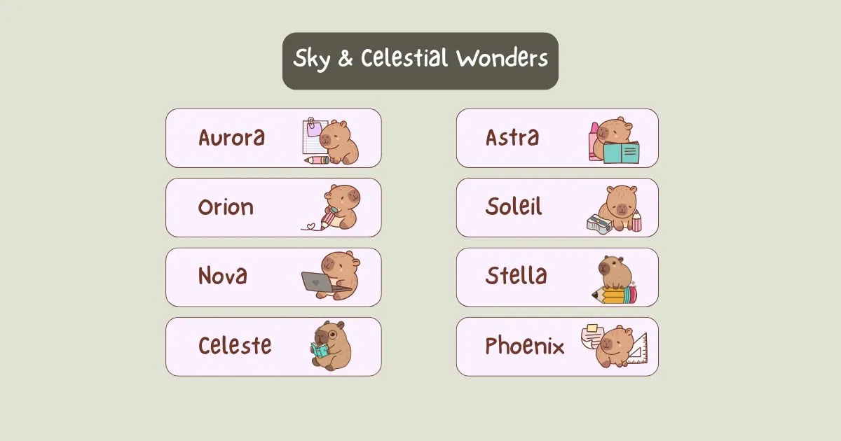 Cute cartoon animals on a light green background with names like Aurora, Astra, and Phoenix. Each holds or interacts with school supplies, creating a playful, educational vibe.