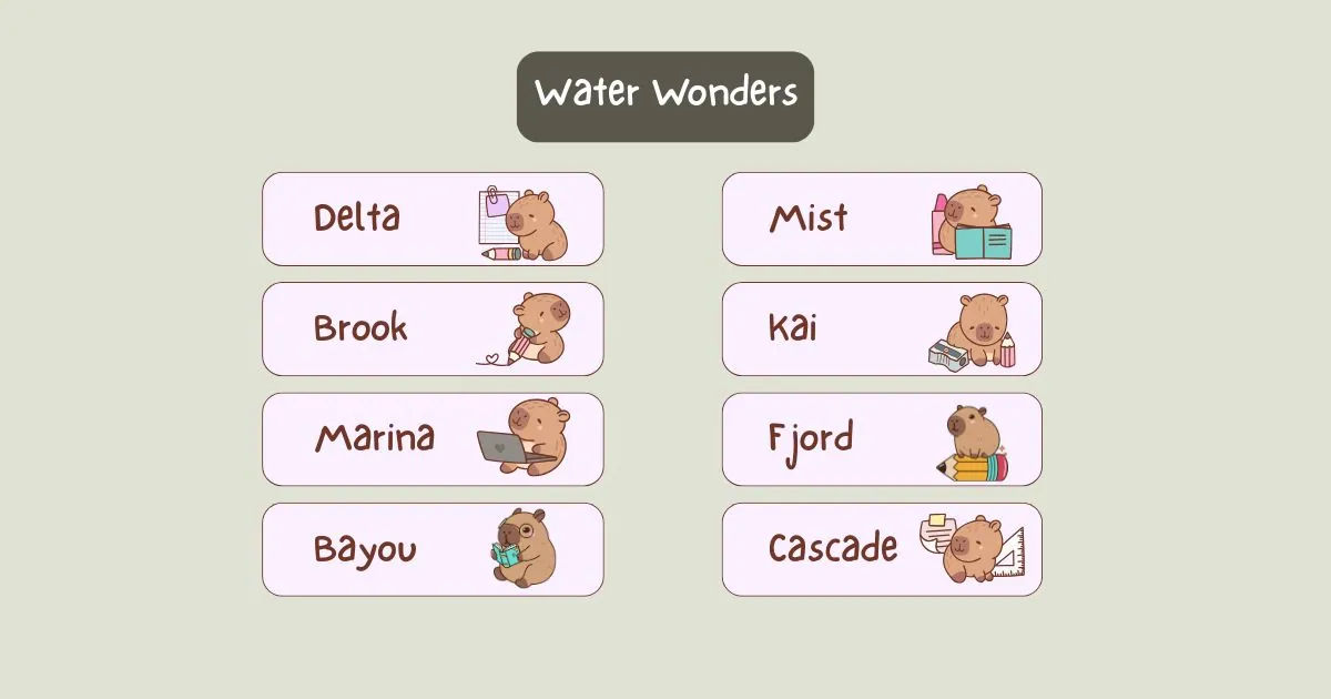 "Illustration titled 'Water Wonders' with cartoon bears studying. Bears with books and laptops accompany words: Delta, Mist, Brook, Kai, Marina, Fjord, Bayou, Cascade, evoking a playful and educational theme."