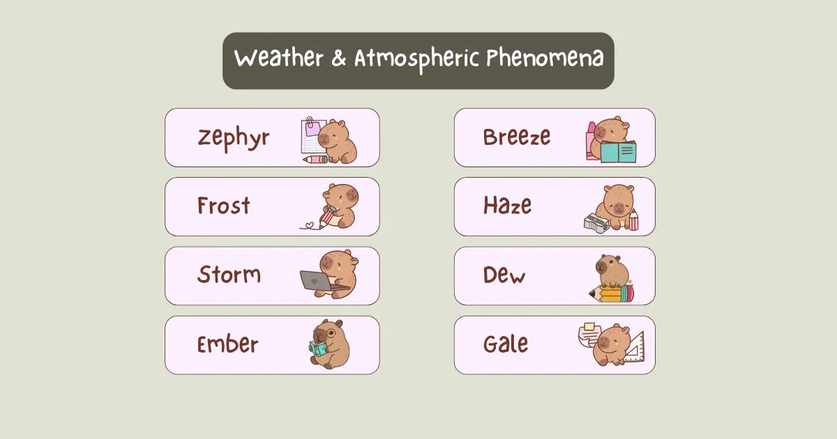 Cute illustrated bears engage in weather-themed activities like reading and organizing. Titles include "Zephyr," "Frost," and "Storm" on a light green background.