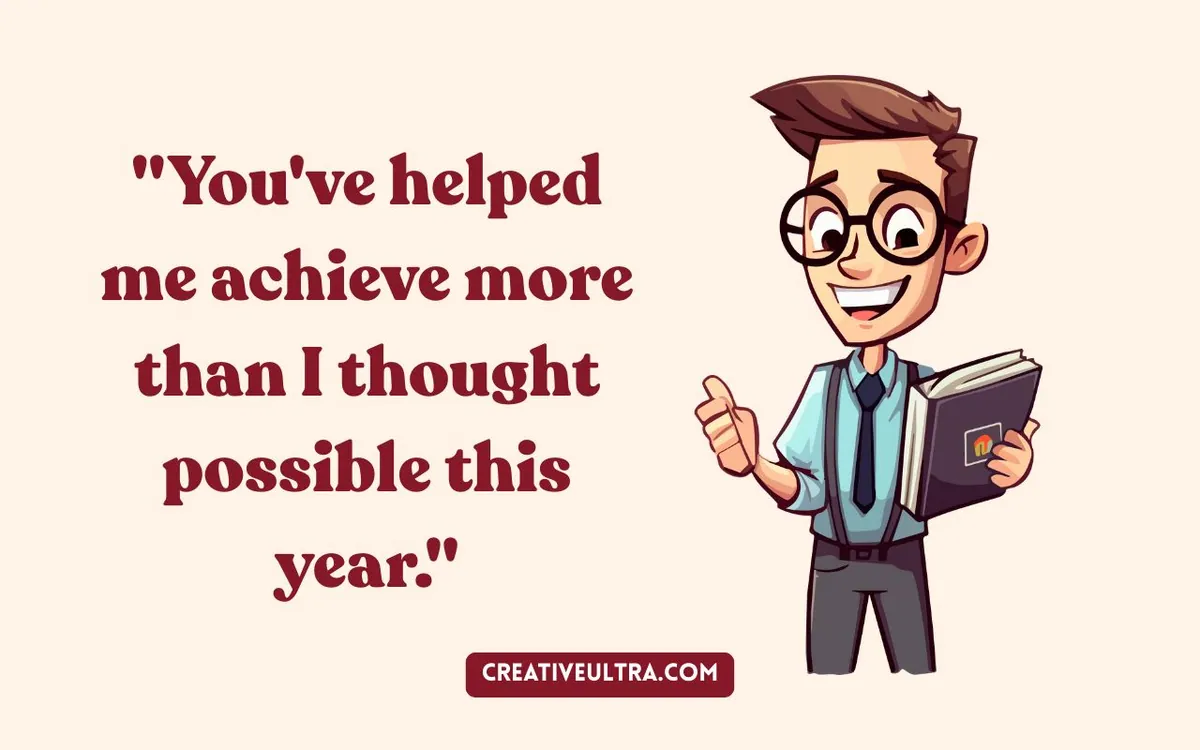 Illustration of a smiling cartoon man in glasses, holding a book, giving a thumbs up. Quote beside reads, "You've helped me achieve..." conveying gratitude.