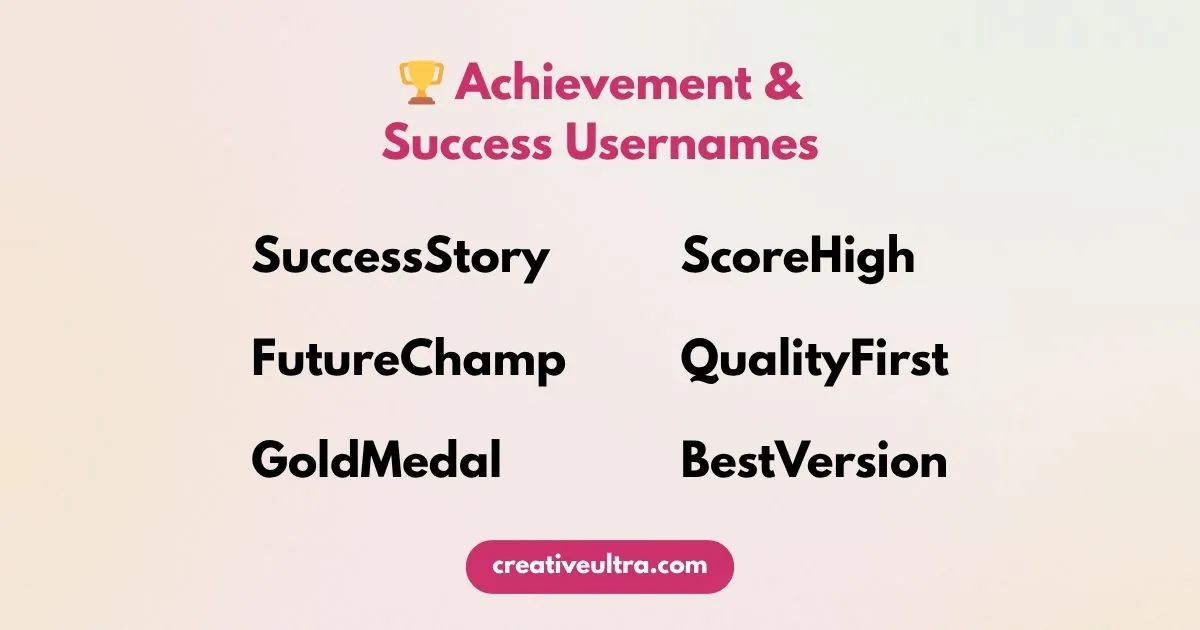 Trophy icon with text: "Achievement & Success Usernames" in pink. Usernames listed: SuccessStory, FutureChamp, GoldMedal, ScoreHigh, QualityFirst, BestVersion. Website link "creativeultra.com" at bottom. Background has a gradient of soft pink and white.