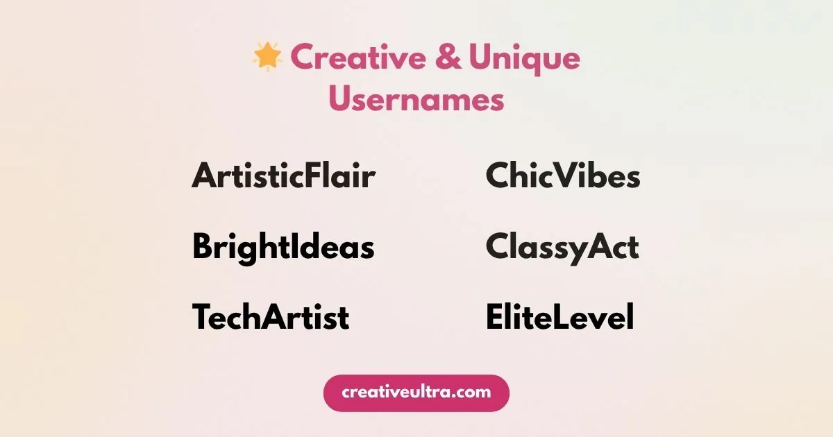 "Image titled 'Creative & Unique Usernames' with a star icon. It lists: ArtisticFlair, BrightIdeas, TechArtist, ChicVibes, ClassyAct, EliteLevel. Logo at bottom reads creativeultra.com."