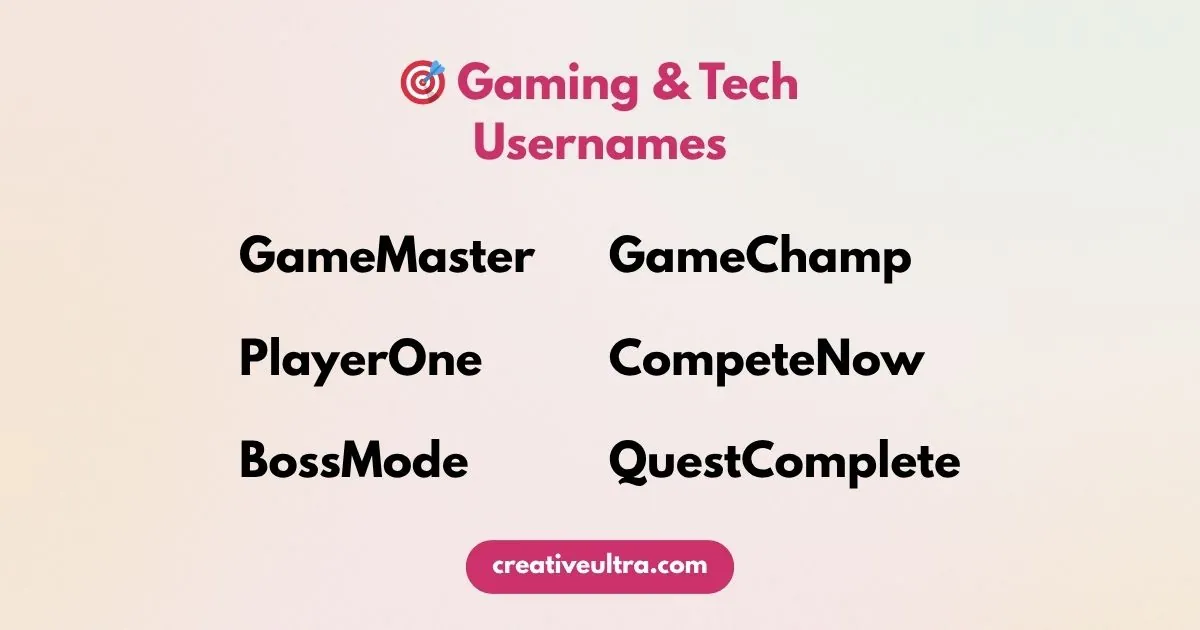 Image titled "Gaming & Tech Usernames" with a target icon. Usernames listed: GameMaster, GameChamp, PlayerOne, CompeteNow, BossMode, QuestComplete. Website: creativeultra.com. Background is a light gradient, conveying a modern and tech-oriented tone.