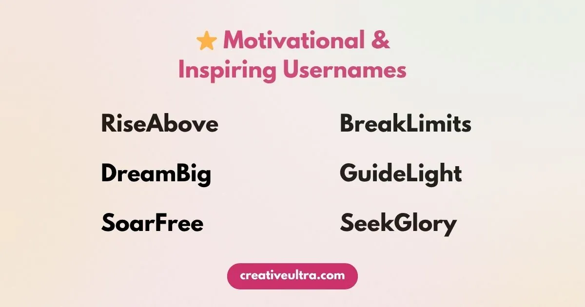 Text image titled "Motivational & Inspiring Usernames" shows six uplifting usernames: RiseAbove, DreamBig, SoarFree, BreakLimits, GuideLight, SeekGlory. Soft gradient background.