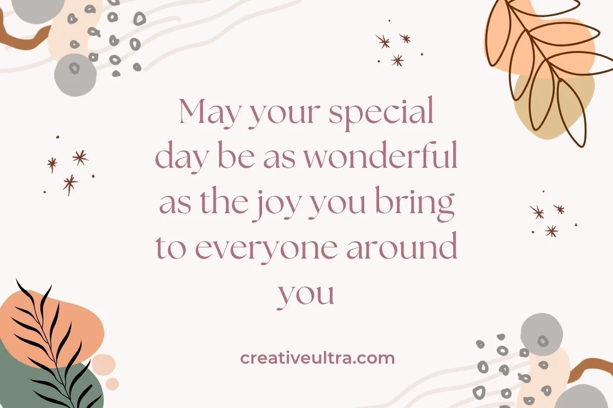 Decorative birthday card with colorful abstract shapes and leaves. Text reads, "May your special day be as wonderful as the joy you bring to everyone around you."