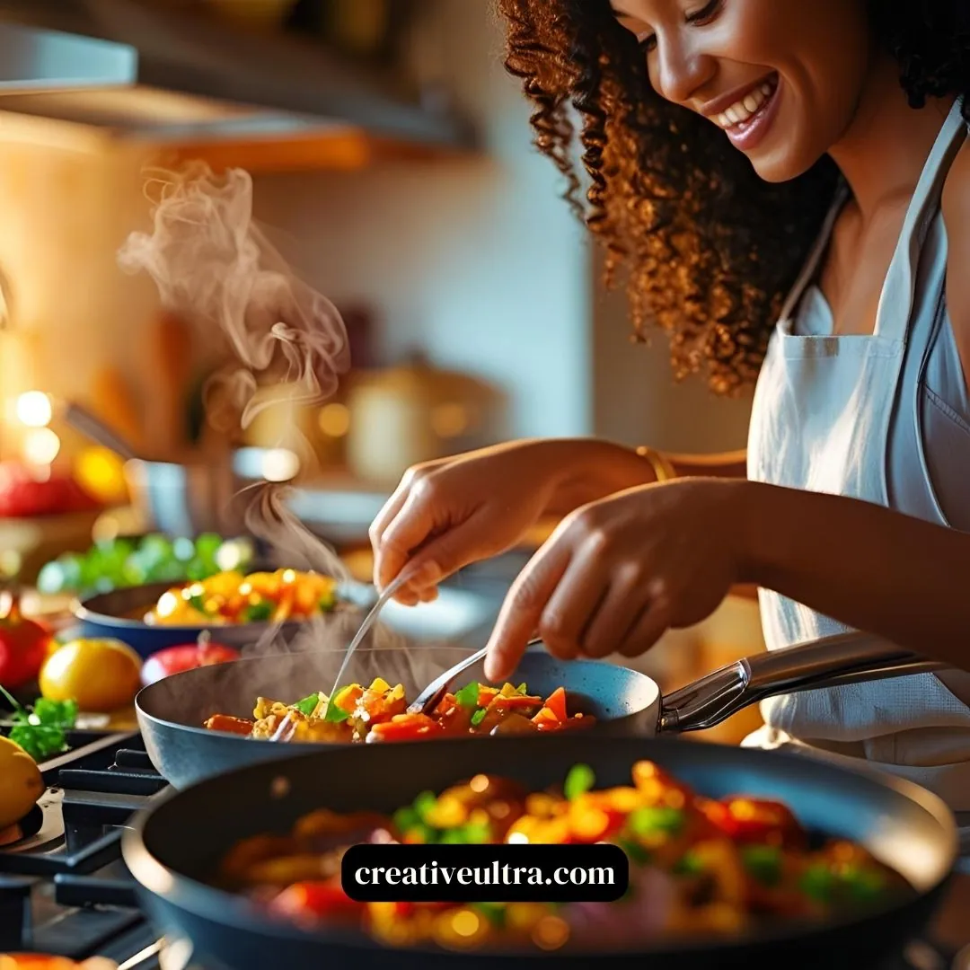 A woman smiles while cooking in a warmly lit kitchen, stirring a steaming pan of colorful vegetables. There's a joyful and cozy atmosphere.