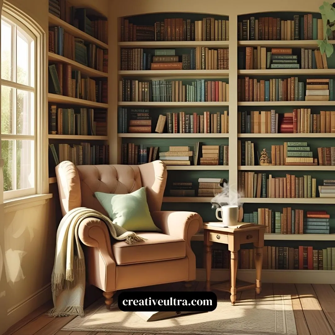 Cozy reading nook with a plush armchair, green cushion, and blanket by a window. A wooden side table holds a steaming mug, surrounded by bookshelves.
