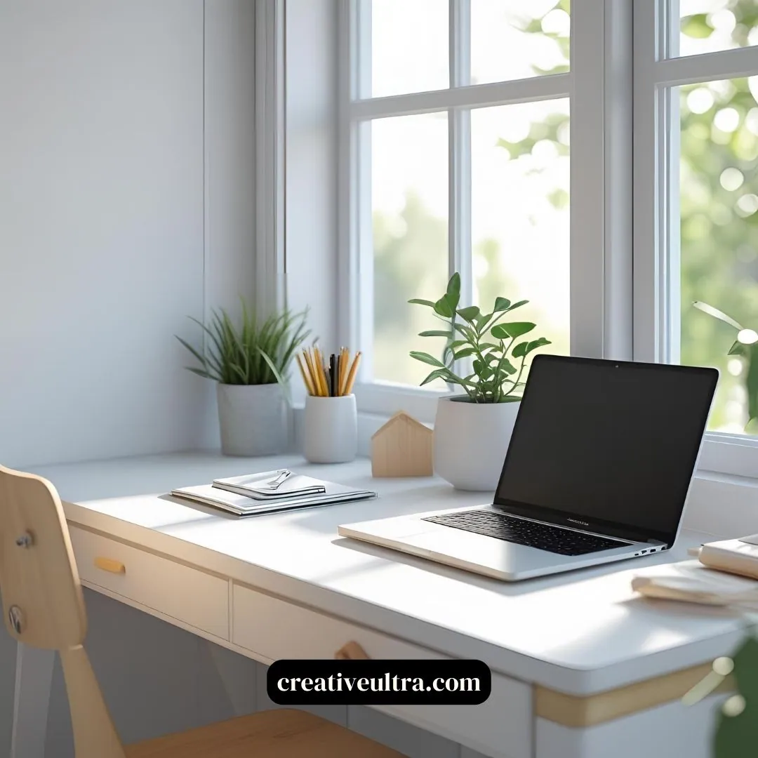 Minimalist home office with a laptop on a white desk, flanked by potted plants, notebooks, and pencils. Sunlight streams through a window, creating a peaceful atmosphere.
