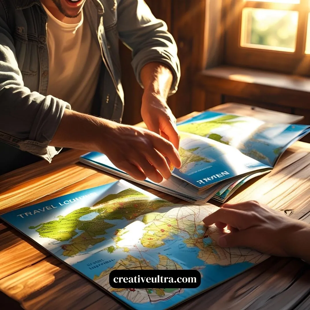 Two people enthusiastically study maps and travel guides at a sunlit wooden table, conveying excitement and wanderlust.