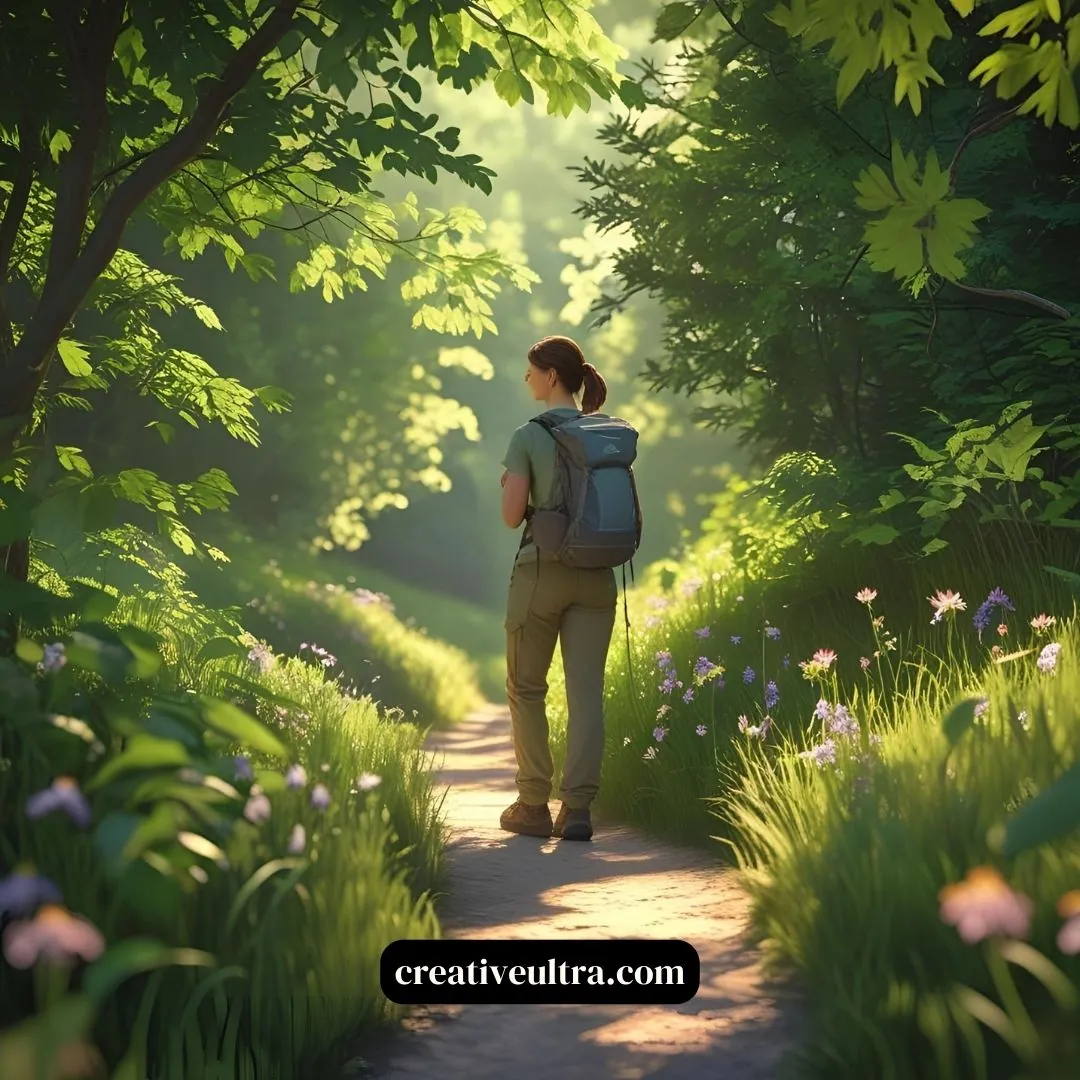 A woman with a backpack walks on a sunlit forest path, surrounded by lush green leaves and blooming wildflowers. The scene feels serene and peaceful.
