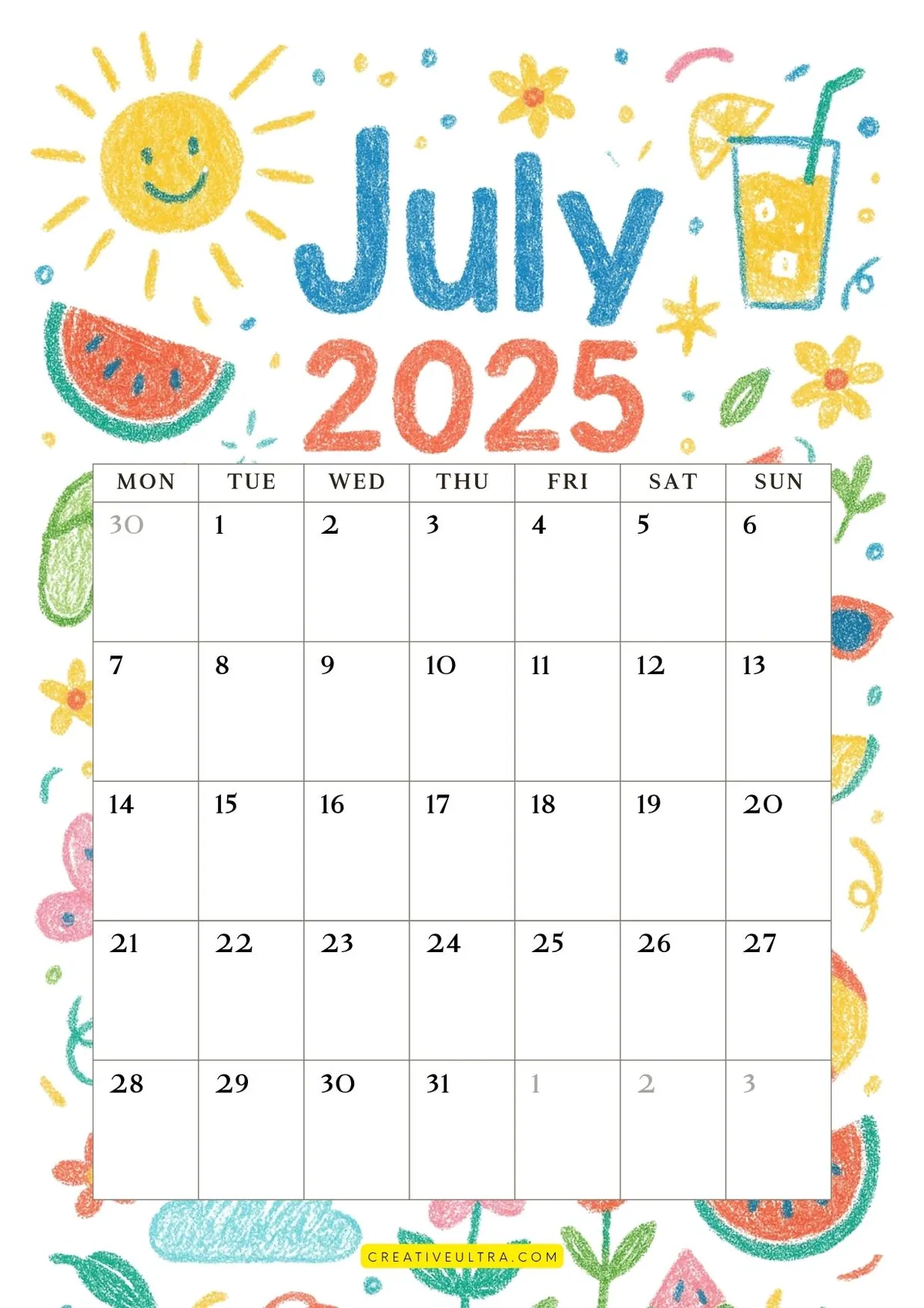 2. Crayon Summer Fun July 2025 Calendar